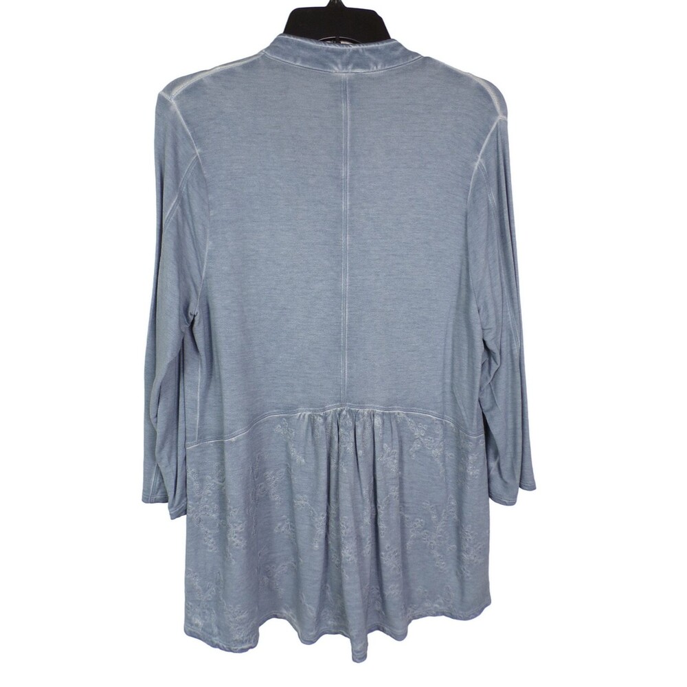 1 M Chicos Zenergy Distressed Zip Front Embroidered Top Shirt Jacket Back Peplum